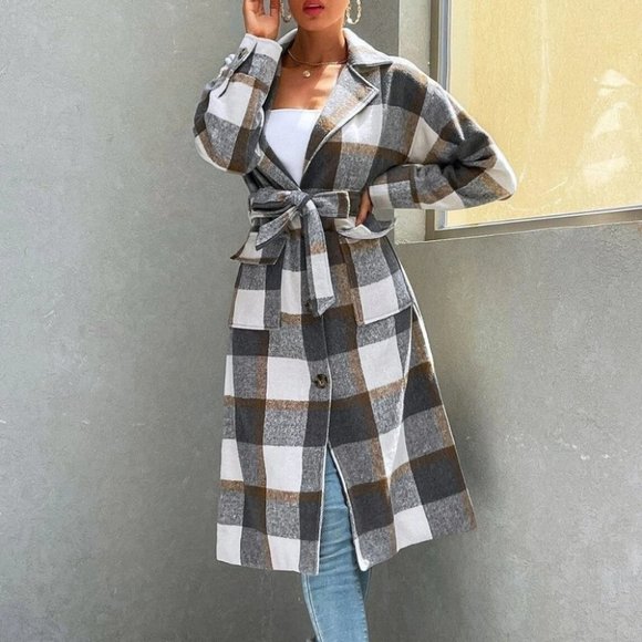 button down belted overcoat jacket fall plaid print - Picture 1 of 6